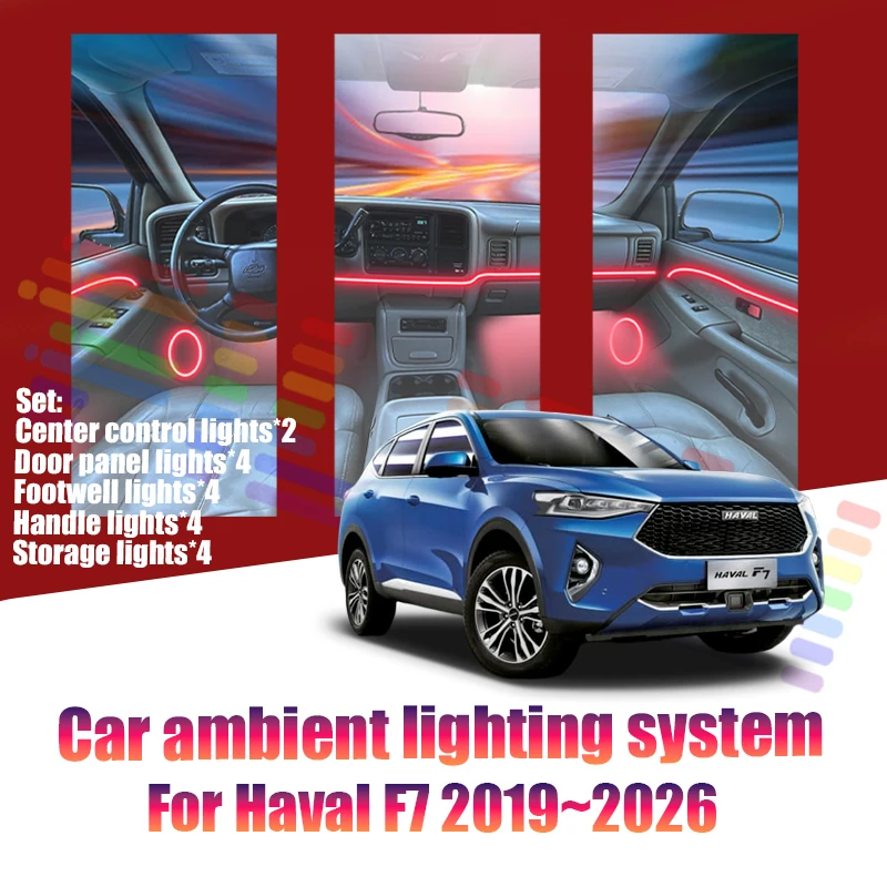 Luces LED Ambientales para Auto Haval F7 2019~2026, Luces de Atmósfera Coloridas, Tira de Neón Interior para Auto, Iluminación RGB de 64 Colores, Accesorios para Auto
