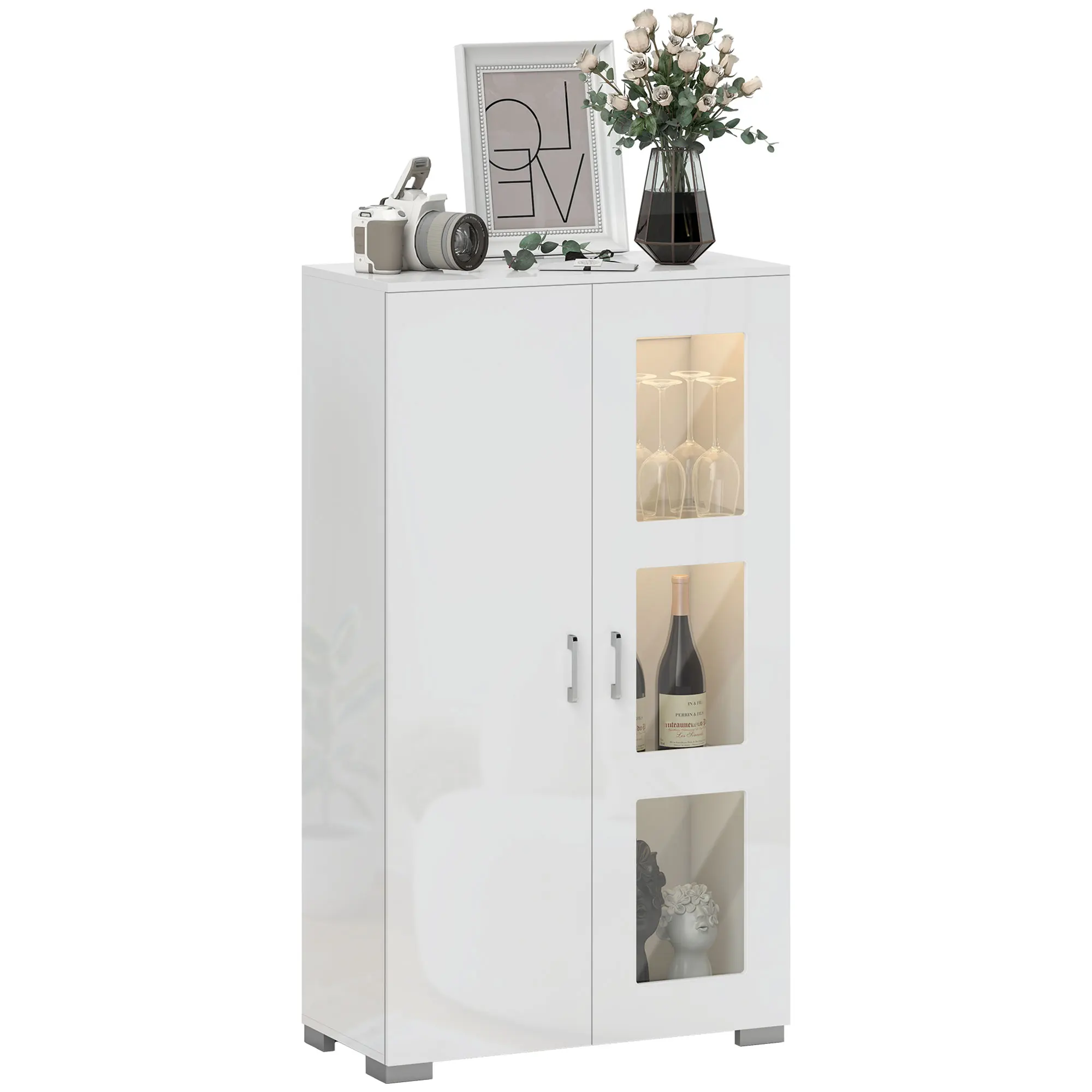 HOMCOM Vitrine Blanc avec LED 16 Couleurs et télécommande, Haute Brillance, Meuble Salon Moderne, Buffet pour Cuisine 71x35x126c