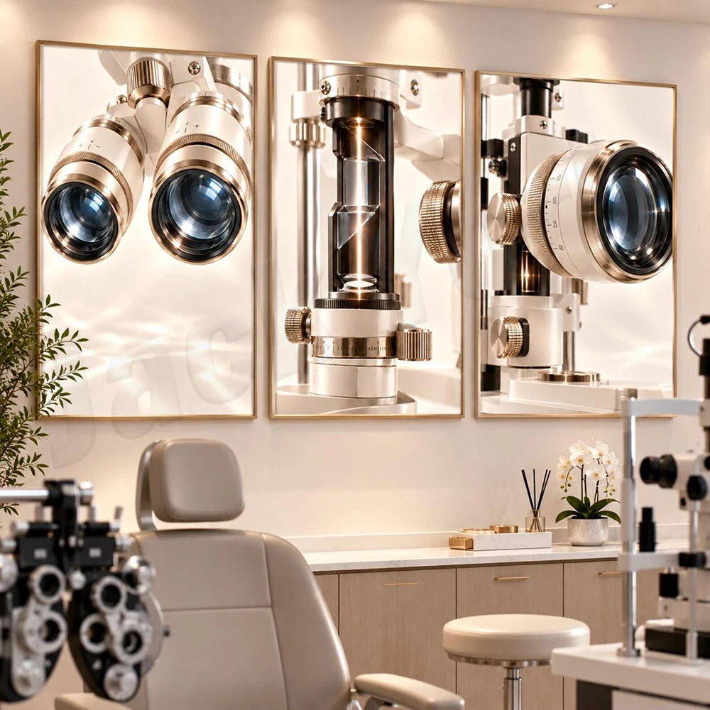 Optometry clinic art, phoropter, Snellen chart, slit lamp, prescription glasses, lenses, ophthalmic decorative posters.