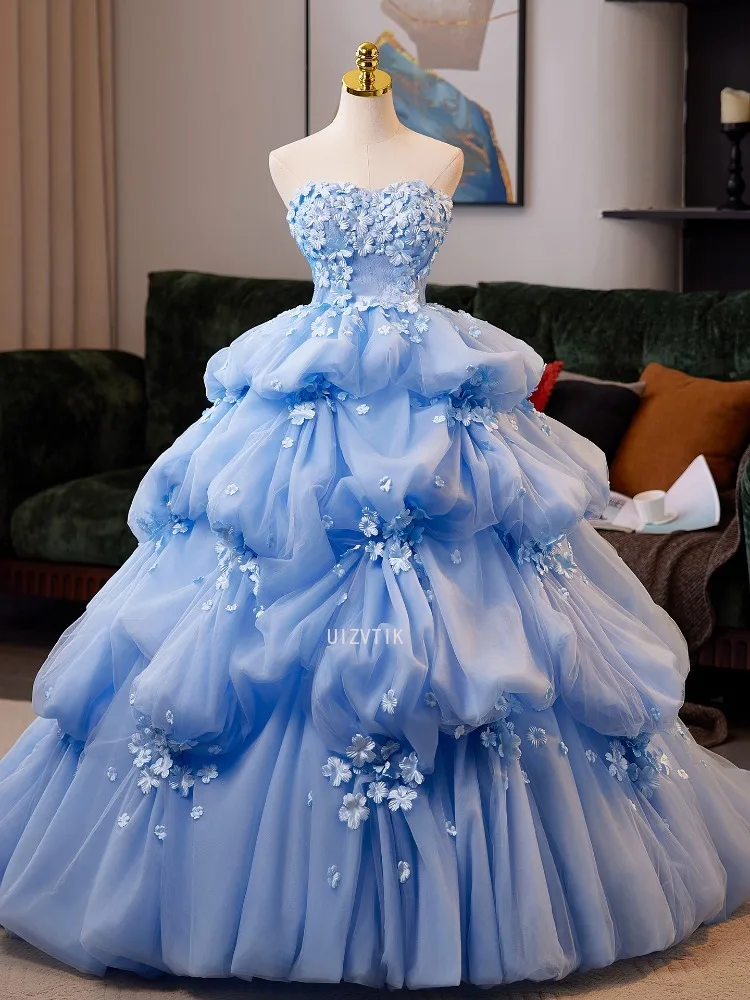 Blue Luxury Wedding Dresses Photos Shoot Ball Gown Women Strapless Applique Party Birthday Dress Elegant Special Occasion Dress