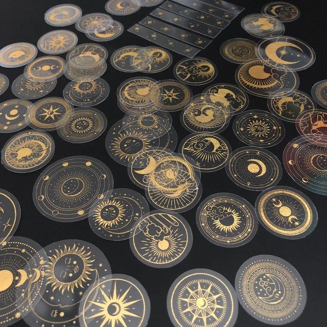 70 sztuk brokatowych złotych naklejek samoprzylepnych PET Wodoodporna przezroczysta etykieta: SUN MOON Stars itp.