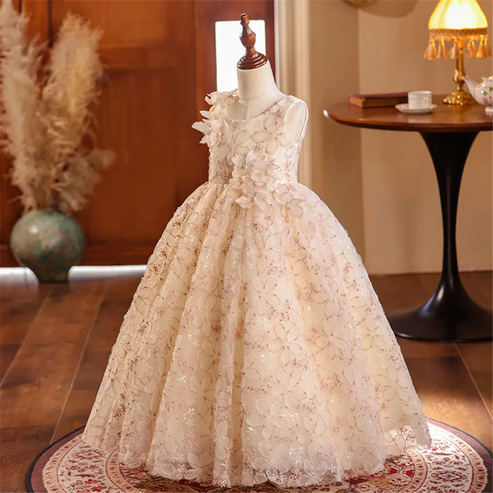 فستان فتاة الزهور لحفلات الزفاف الوردية المخصصة منتفخ أول مناولة لطيفة للأطفال بدون أكمام بطبقات لحفلات أعياد الميلاد #5