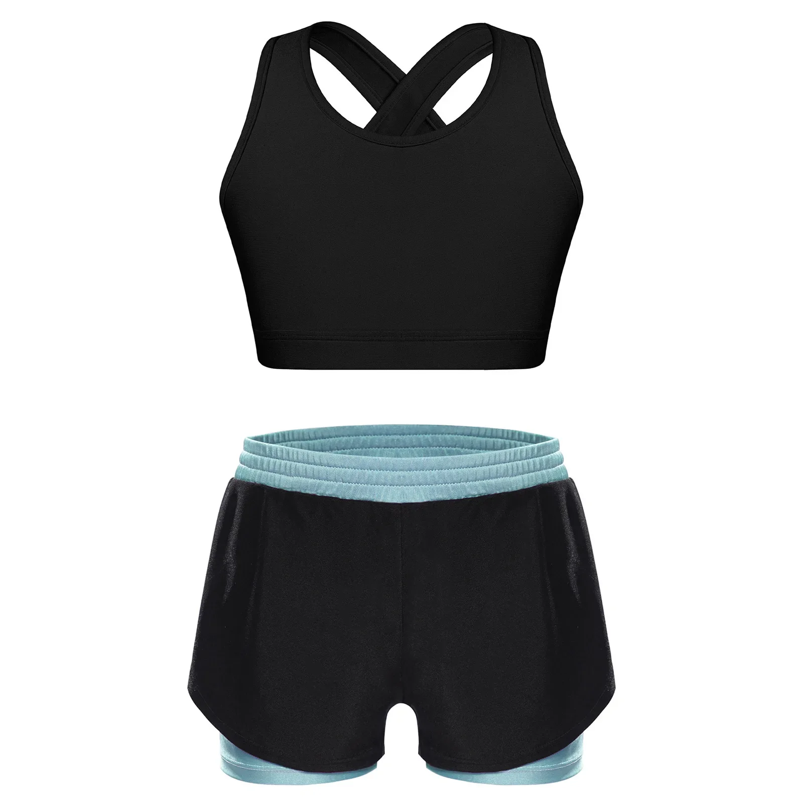 

Children Girls Running Gym Yoga Sports Suits U Neck Sleeveless Keyhole Cross Back Vest Top with Double-Layer Contrasting Shorts