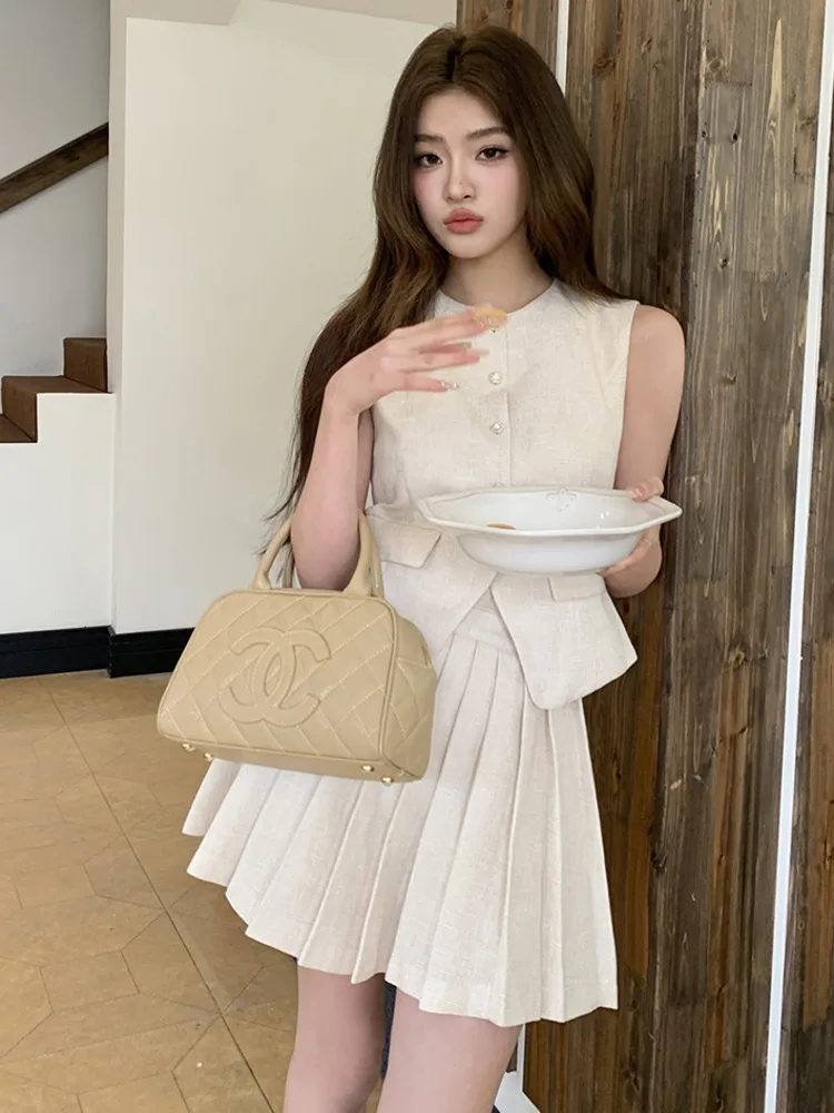 2024 Summer Skirt Set For Women\'s Light Luxury High End Vest Pleated Skirt Two Piece Sets Lady Fashion Casual Conjuntos Cortos