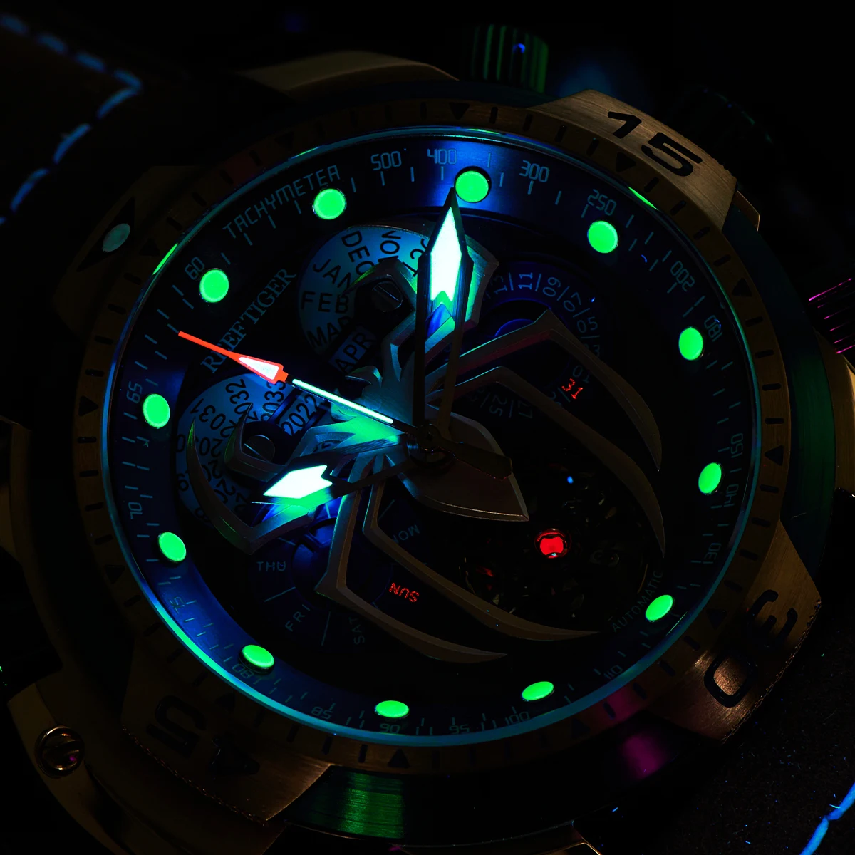 reef tiger men's mechanical watch, fully automatic multi-functional dual calendar business men's watch, men's timepiece