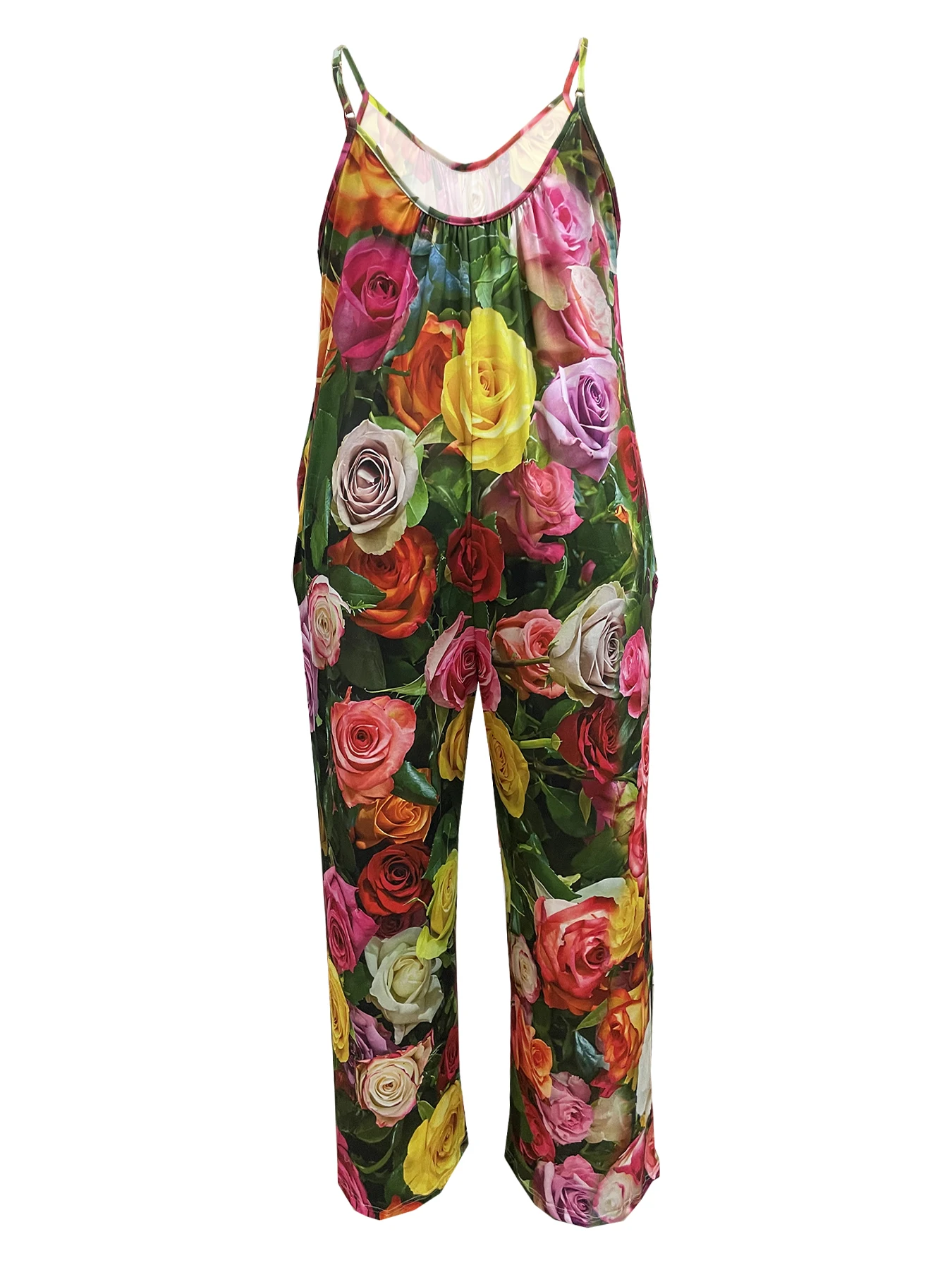Plus Size Floral Print Slip Jumpsuit, Casual Sleeveless Jumpsuit WithPockets, women's Plus Size Clothing