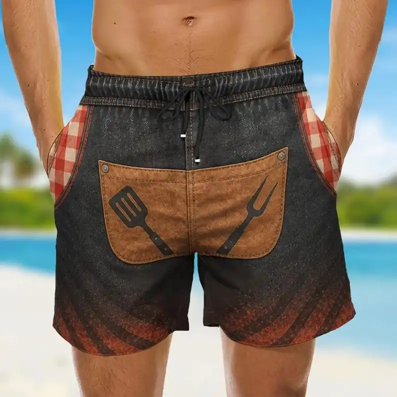 Cartoon Fun Men's Funny Swim Trunks, Bachelor Party Vacation Beach Shorts, Barbecue Prank Gifts for Friends