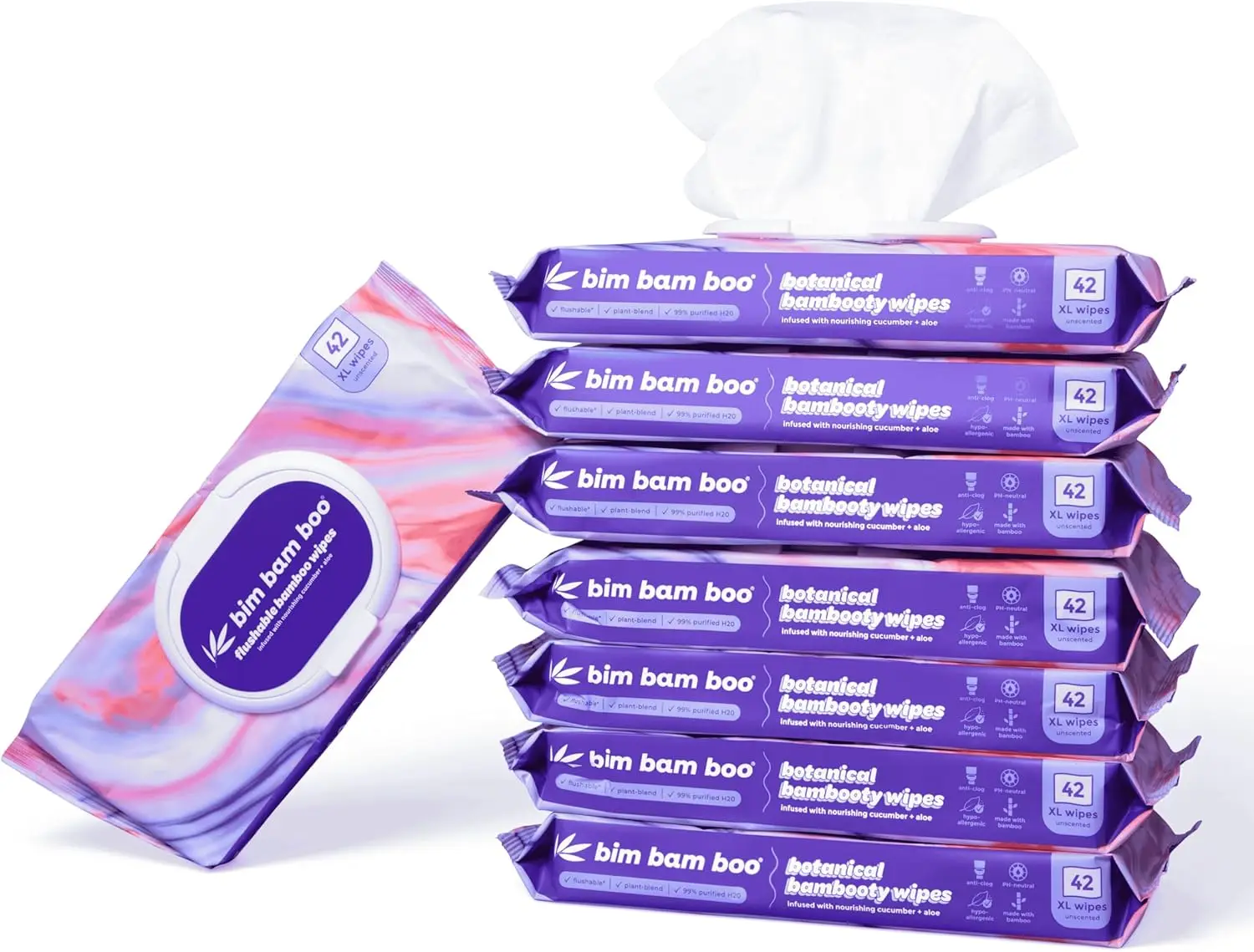 

Flushable Wet Wipes, 100% Plant Based Bamboo, Extra-Large Size, 42 Wipes Per Pouch - 8 Pouches (366 Total)