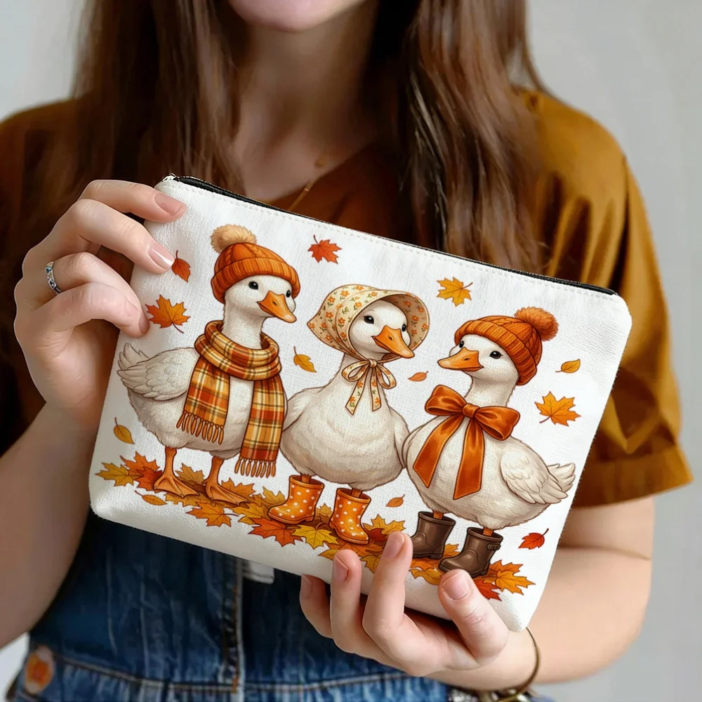Autumn Cute Ducks Knit Hat Scarf Maple Leaf Cosmetic Bag Fall Farm Duck Print Zipper Pouch Women Travel Makeup Storage Purse