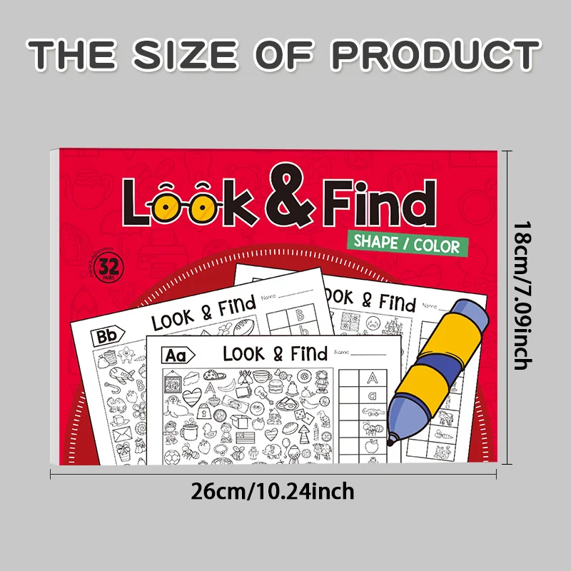 Look and Find Shape/Color Workbook Children's Search for Items Items Game, Enhance Visual Perception, Handwriting Exercise Book