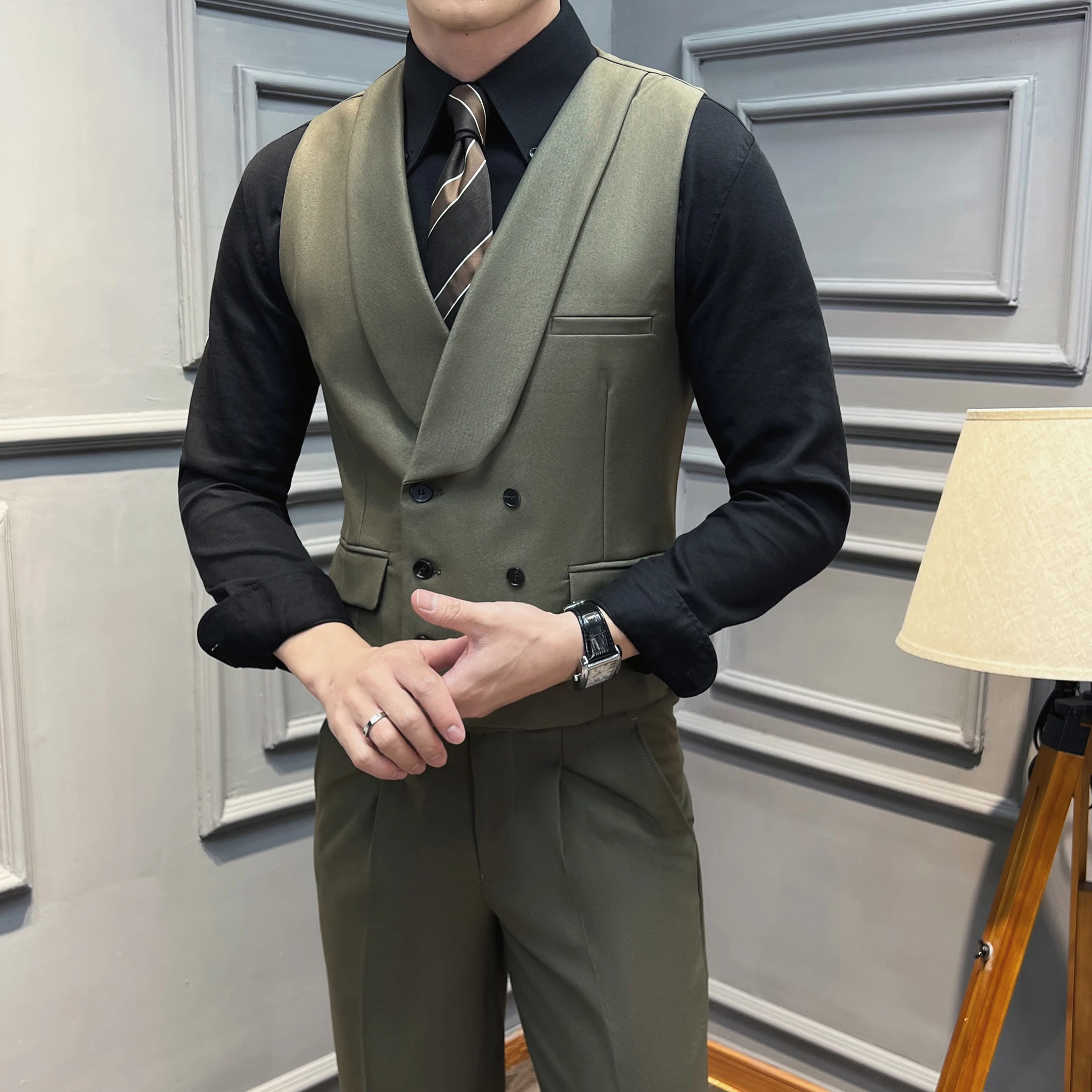 (Colete + calças) marca de alta qualidade cor sólida terno colete 2 peças masculino luxo duplo breasted design moda colete conjunto roupas do clube