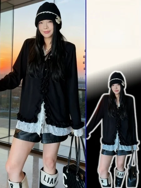 

plus Size Women's Lace Splice Knitwear Slim Fit Loose Sle Spring New V-Ne Long Sve Casual Faion Korean Version