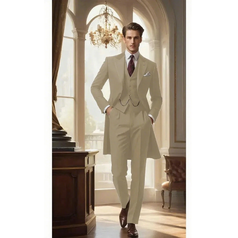 

Elegant Long Jacket Slim Fit Business Men Suit 3-pieces (Blazer+Pants+Vest) Formal Party Prom Wedding Tuxedo Set