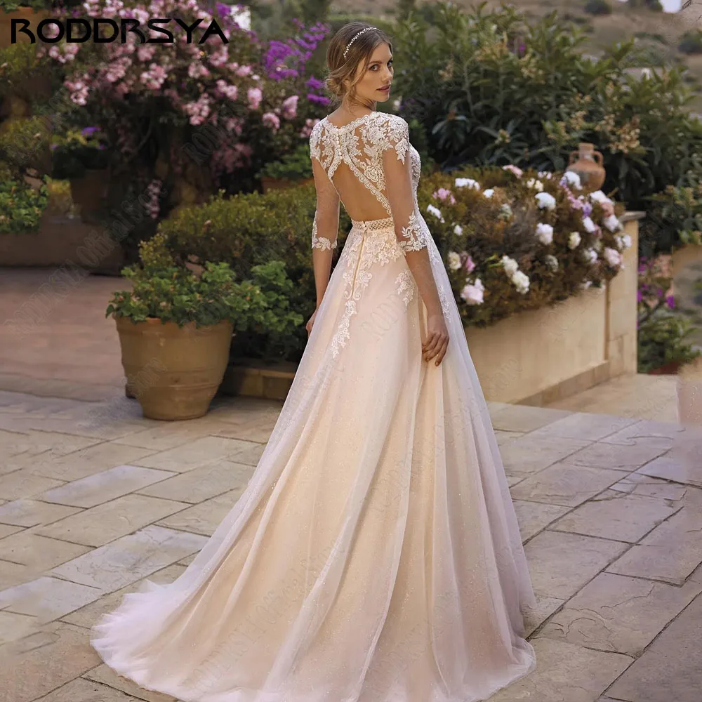 Vestido de novia de encaje civil roddrsya 2024 espalda expuesta 3 / 4 mangas champánRODDRSYA-vestido de Novia de encaje Civil, con espalda descubierta, mangas 2024, color champán claro, con apliques de cuello en V, 3/4