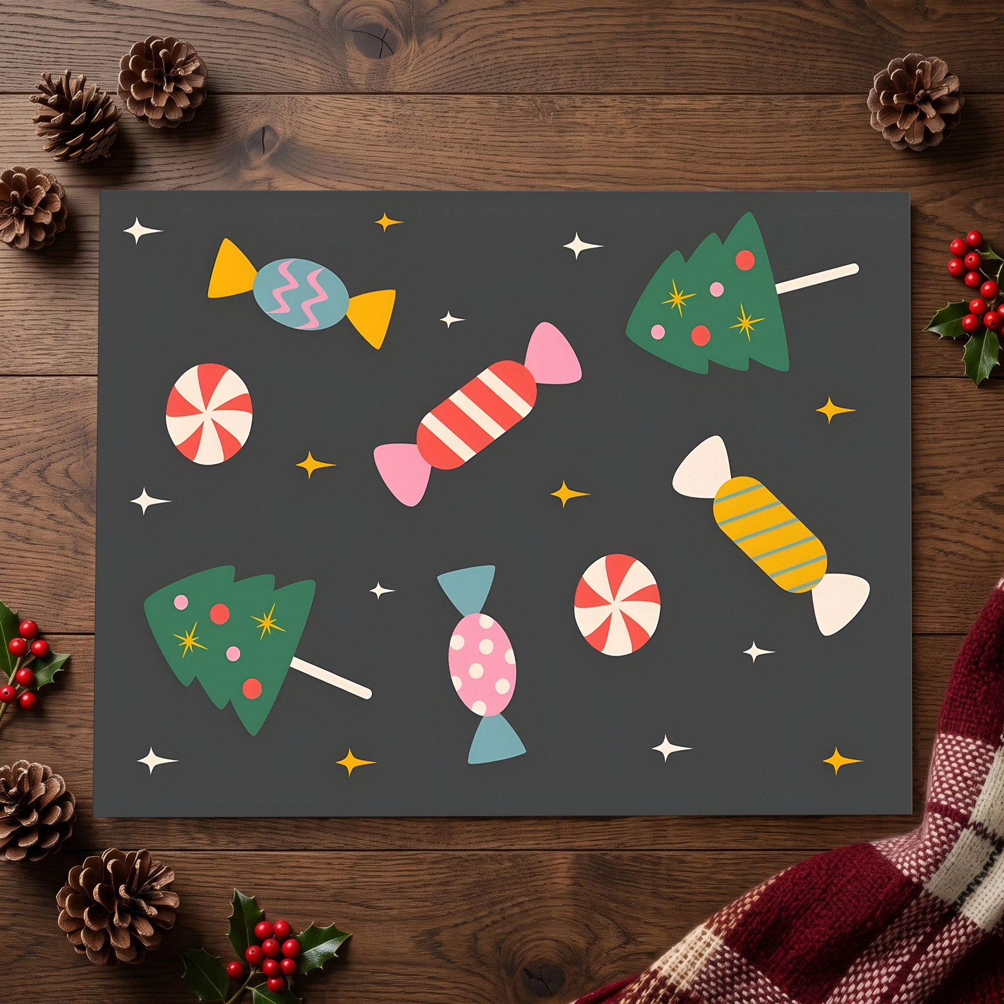 Velvet Rug Cartoon Christmas Candy Tree Star Print Cute Playful Style for Bedroom Entryway Living Room Home Decor