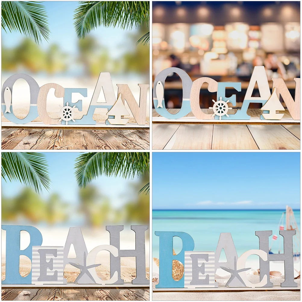 

2 PCS Marine Wooden Ornaments Desk Sign Beach Decoration Word Creative Letter Table