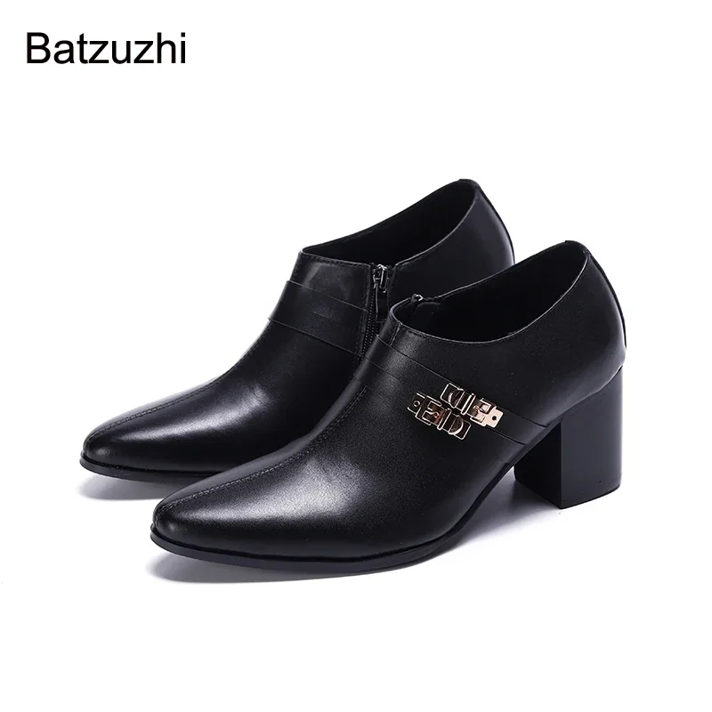 

Batzuzhi 7.5cm High Heels Men Shoes Slip on Formal Genuine Leather Dress Shoes Men Black Leather Oxfords Party Wedding Footwear