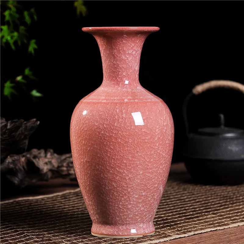 32cm Jingdezhen ceramic vase, high-temperature antique ice flake crack glazed red gourd flower vase, home Chinese living room de