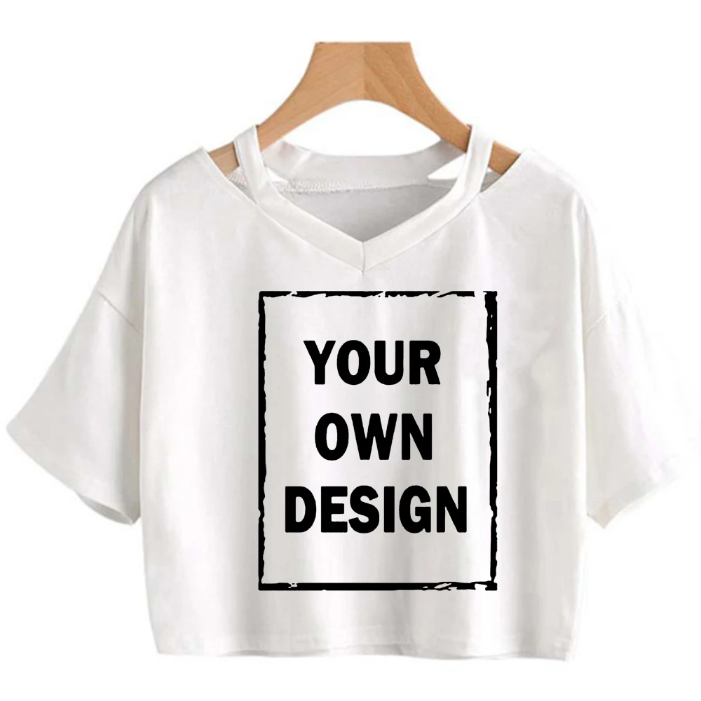Your Exclusive DIY Print Pattern Customize Summer Shoulder Hollow Sexy T-shirt V-neck Women's Short Sleeved Women