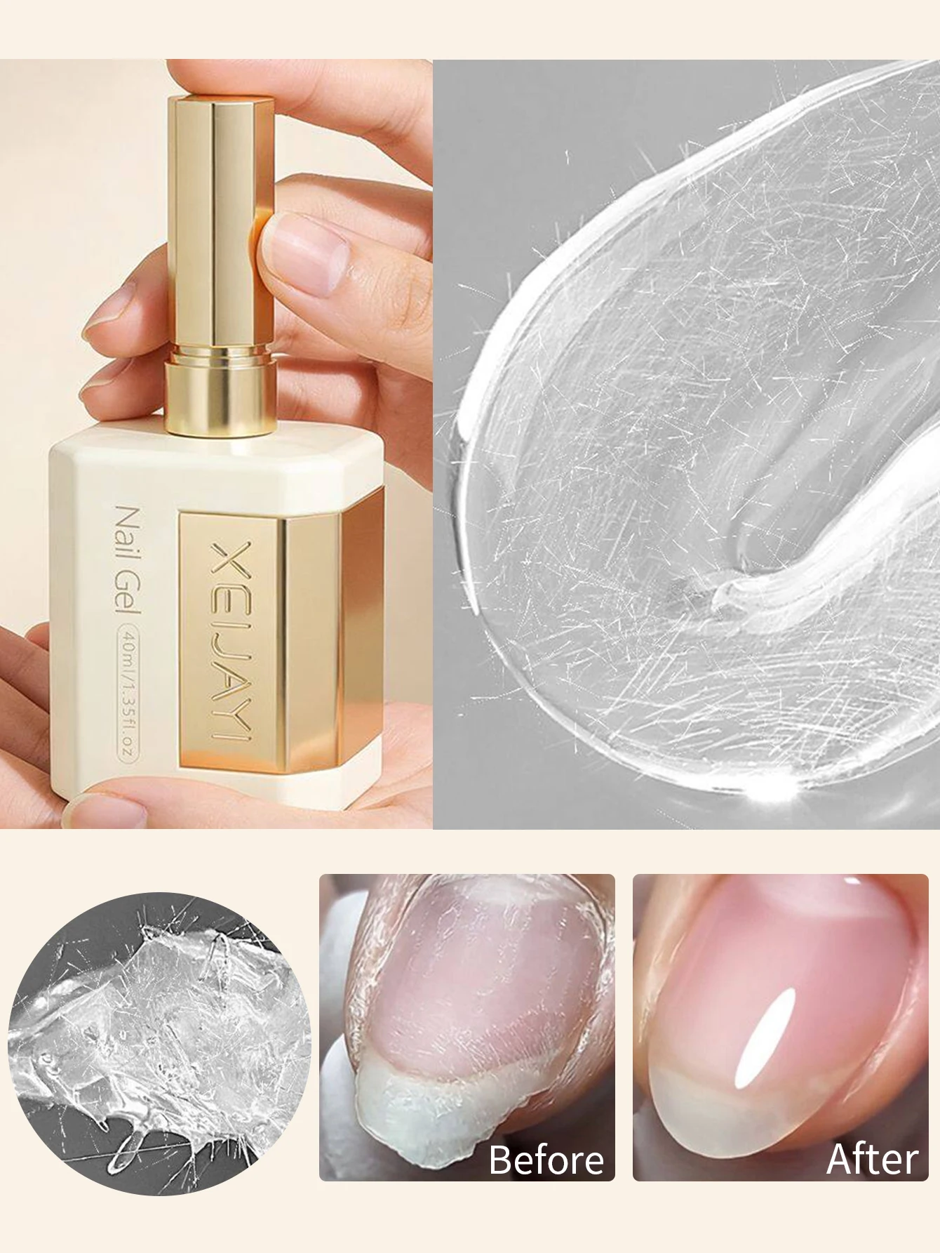 XEIJAYI 2Pcs 40ml Fiber Rubber Repair Base Gel Soak Off UV LED Nail Polish Reinforce Thin Cracked Broken Nails Manicure Tool