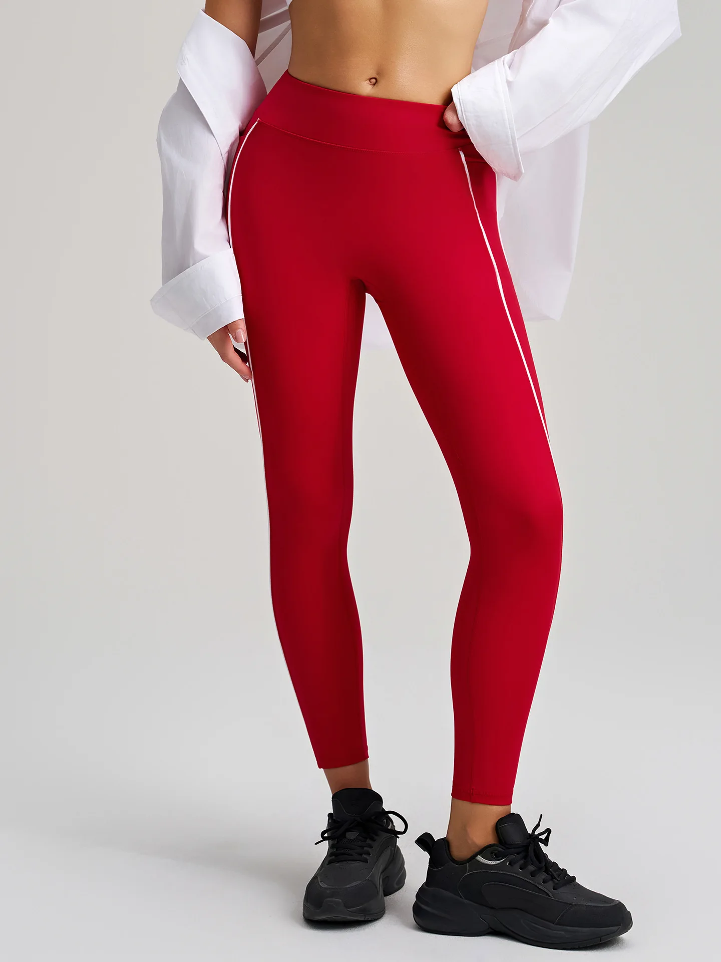 

High Waist Women Yoga High Elastic Side Seam White Stripes Nude Feel Long Leggings Running Training Fitness Breathable Pants
