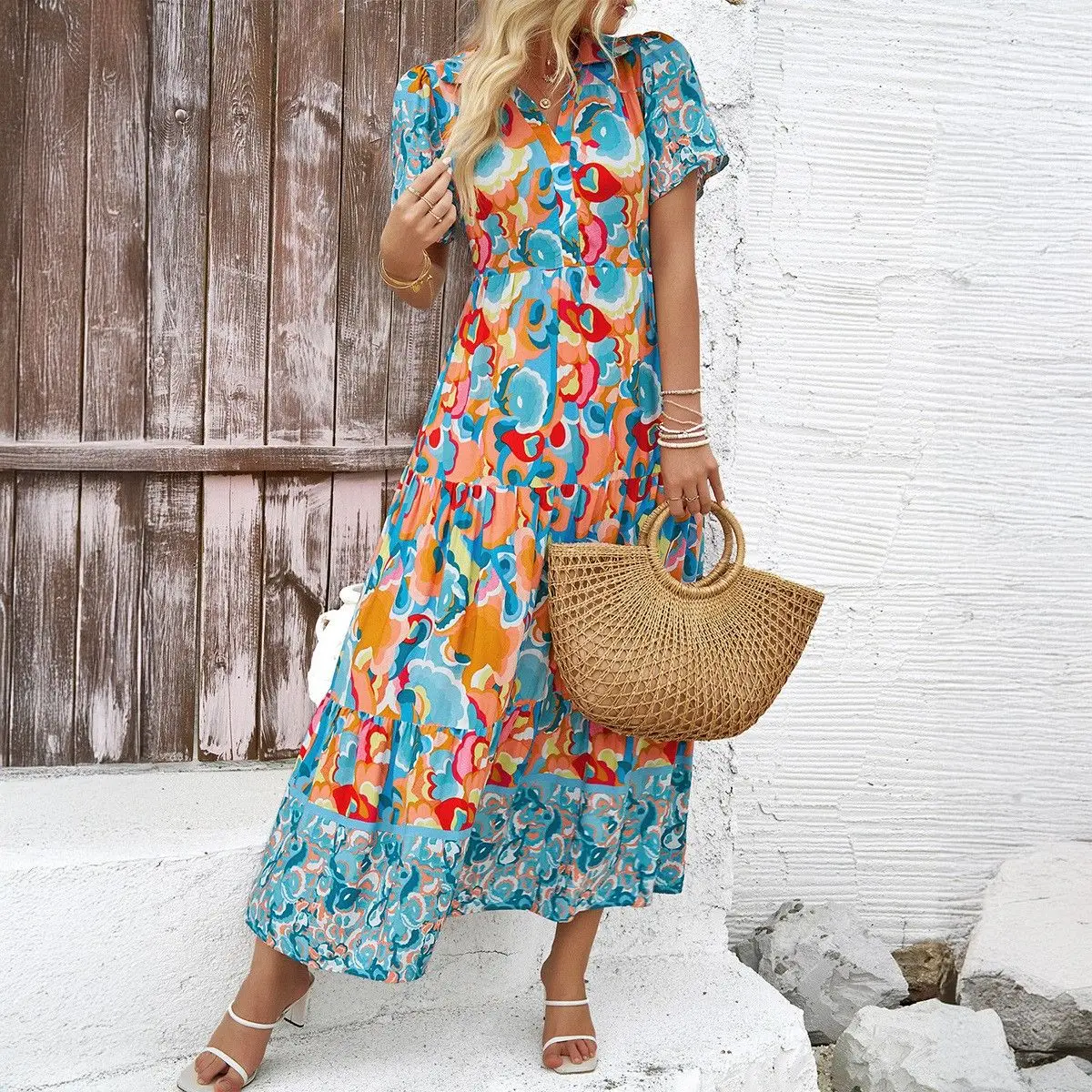 Casual Floral Print Dr Women's High Waist A-Line Skirt Polyester Spring Summer Independent Station Cross-Border Vaion S...