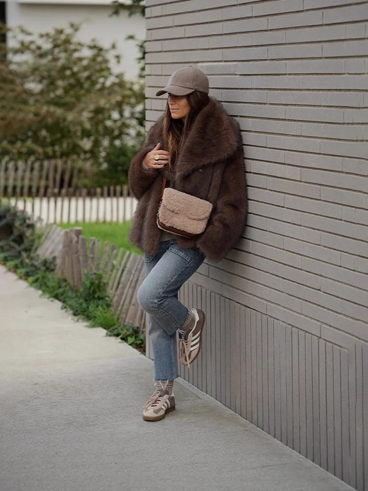 Inverno quente café colorido suave encantador confortável elegante deslocamento namoro lapela outerwear moda pele do falso