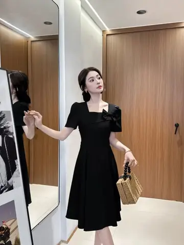 미디 정장 블랙 여성 드레스 여성용 드레스 짧은 소매 한국 패션 스타일 트렌디 디자이너 고품질 럭셔리
