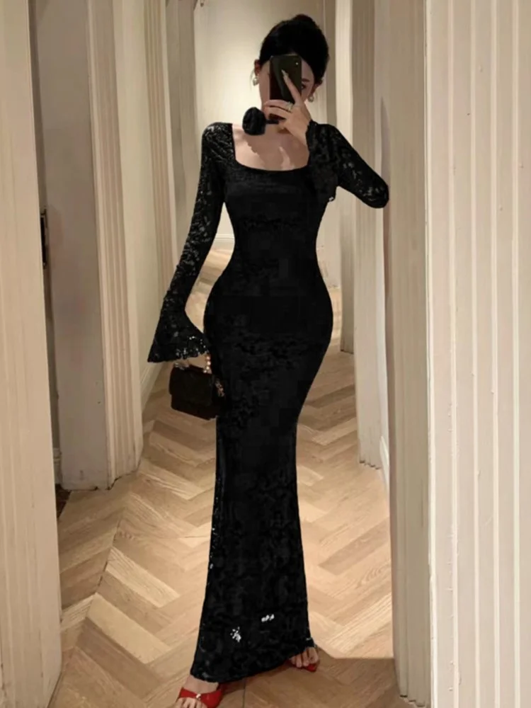 Elegant Tie Flowers Solid Evening Dresses Square Collar Flare Sleeve Lace Mermaid Long Dress Slim Party Vestidos Women's Clothes