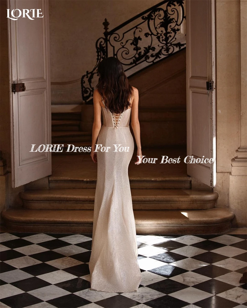 LORIE Luxury Glitter Mermaid Wedding Dresses Sexy Pleated High Side Slit Backless Bridal Gowns Spaghetti Straps Shiny Bride Gown