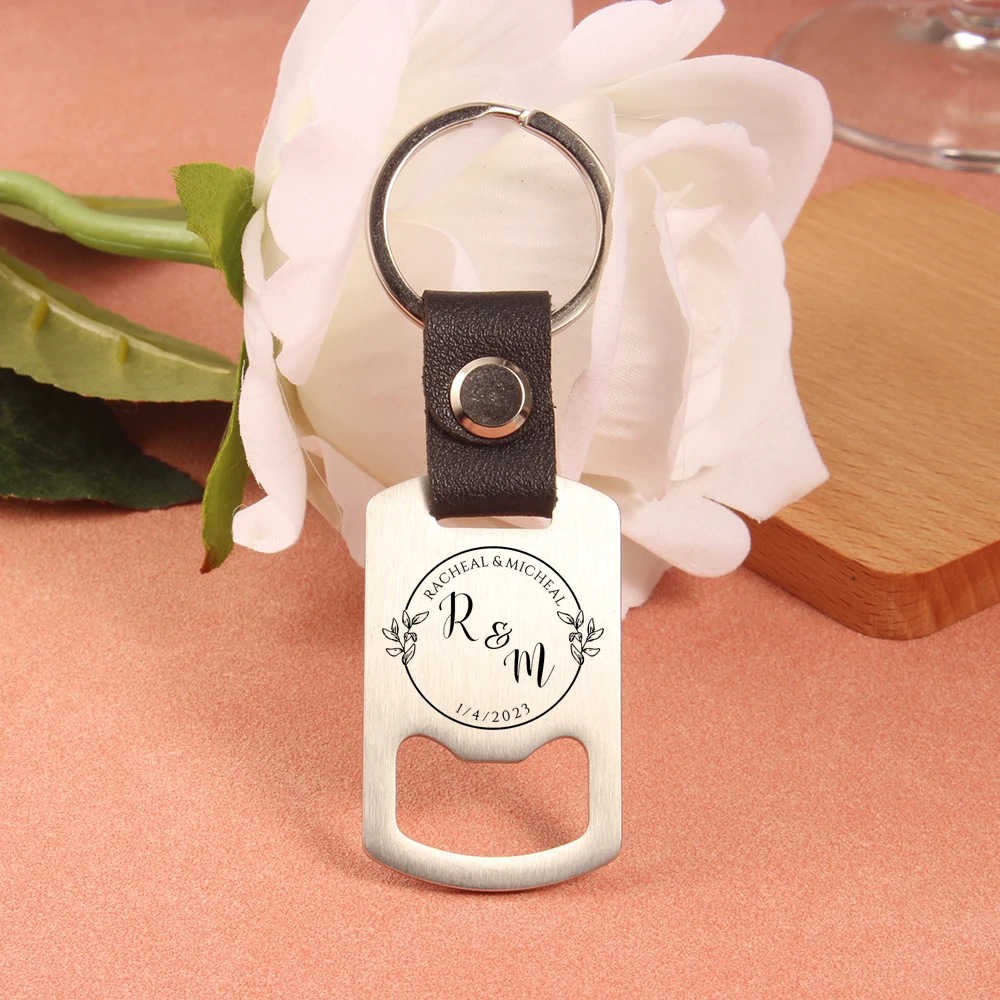 Custom Bottle Opener Name Date Keychain Laser Engraved Steel And Leather Keyring Holy Communion Baptism Wedding Gifts For Guests
