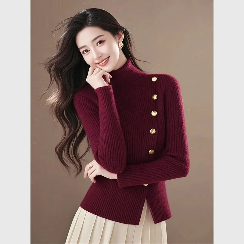 

Women's Burgundy High Neck Knit Sweater French Retro Elegant Age Reducing Autumn Winter Tops