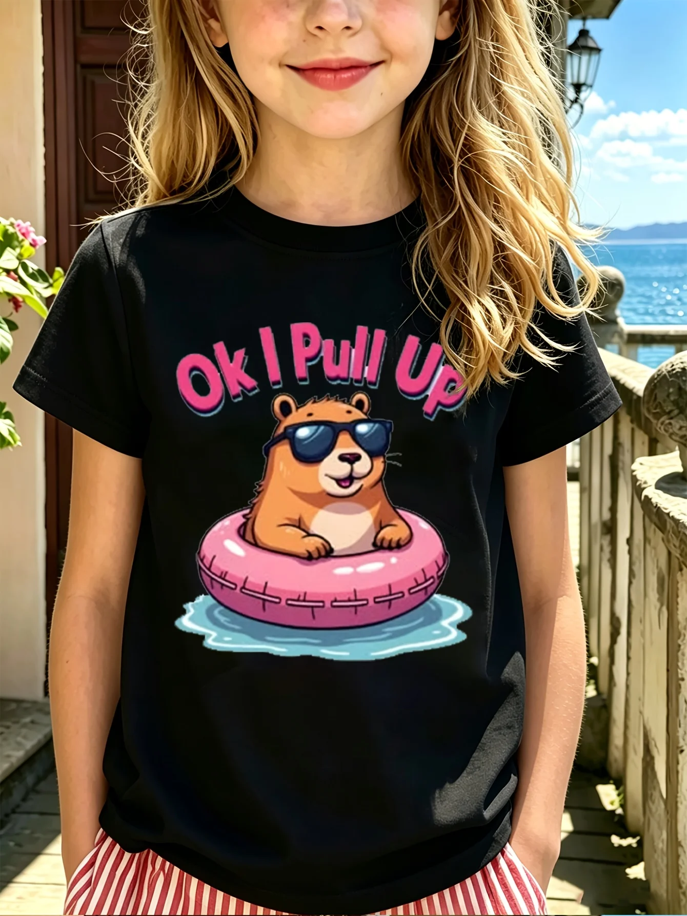 Ok I Pull Up Capybara Kids Tee Swim Ring Cartoon Graphic Print Boys Girls Family Matching Cotton Short Sleeve Children Tshirt