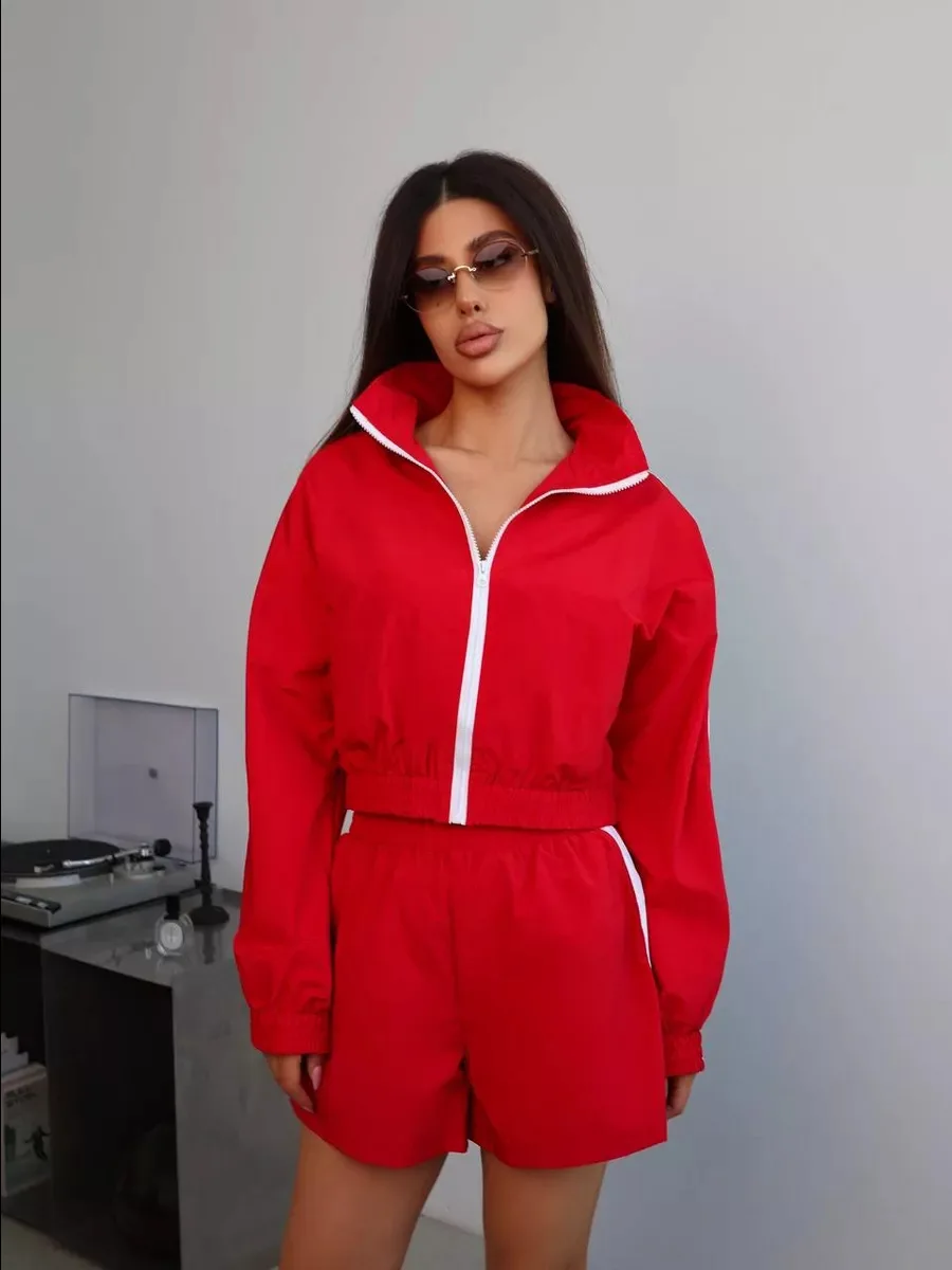 2026 New Women Summer Fashion Casual Long-sleeved Zipper Cardigan Top And Sports Shorts Two-piece Set Womens Outdoor Sports Suit
