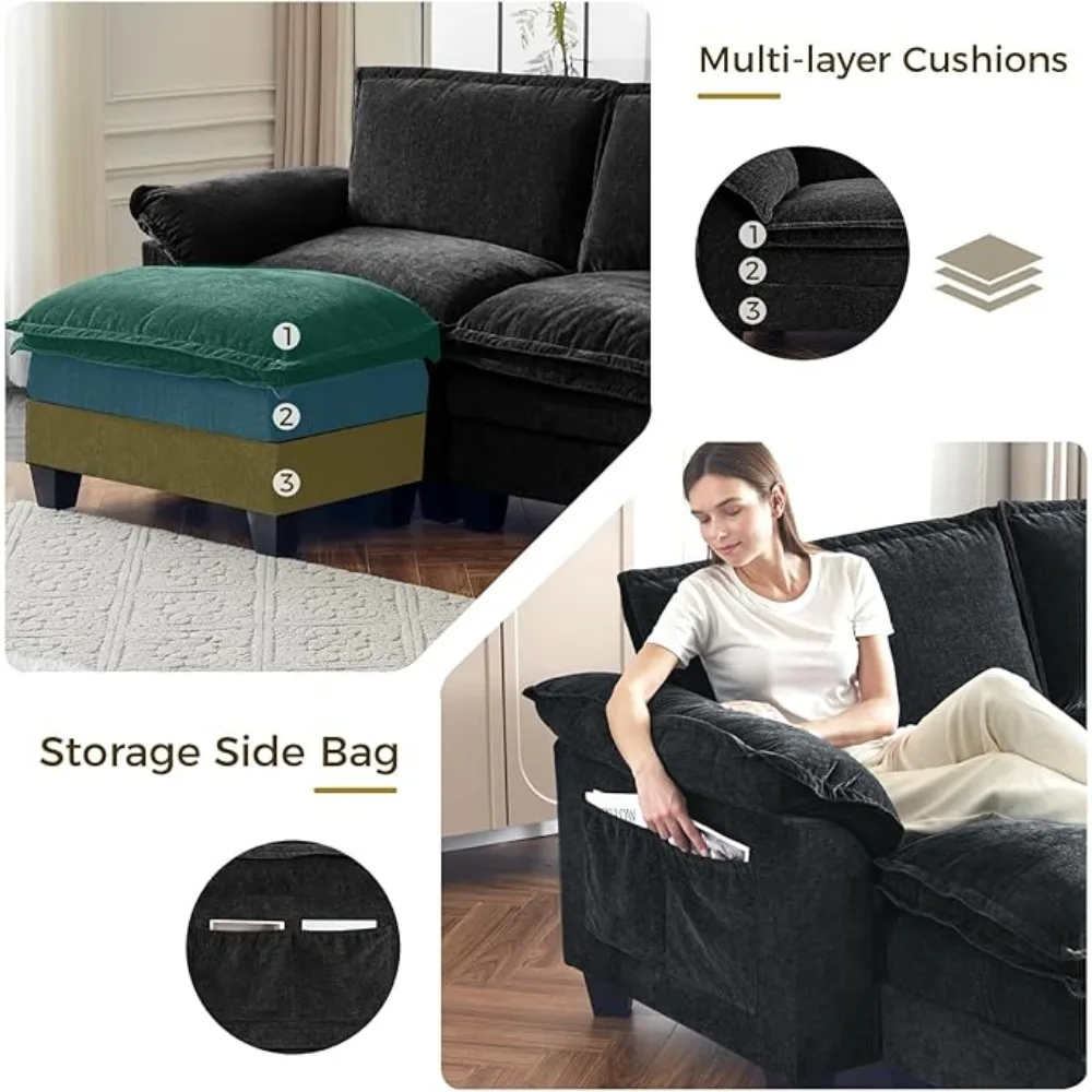 أريكة مقطعية مقاس 123 بوصة على شكل حرف L، أريكة سحابية مكونة من 4 مقاعد مع مسند، أرائك مقطعية من الشنيل لغرفة المعيشة