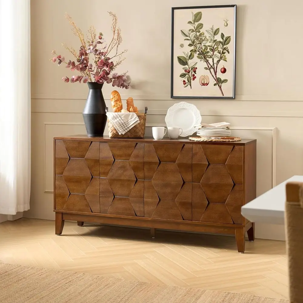 

60 Walnut Century Sideboard with Solid Wood Legs, Storage Cabinet with 4 Doors and 2 Shelves