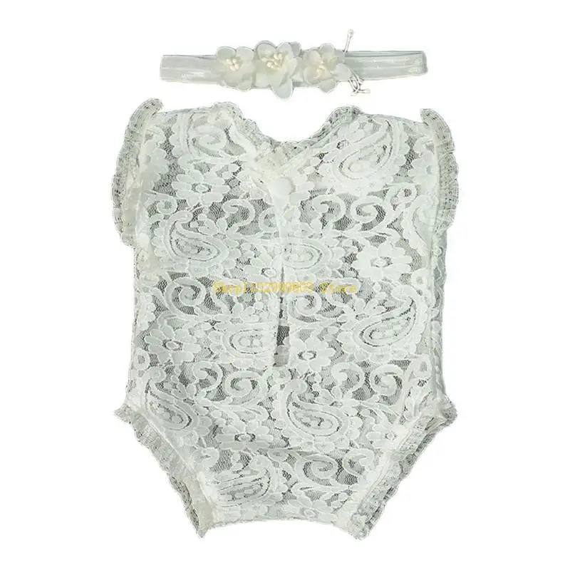 

2 Pcs Newborn Photography Props Lace Headband Romper Infants Photo Clothing Outfits Baby Headdress Bodysuit J0MF