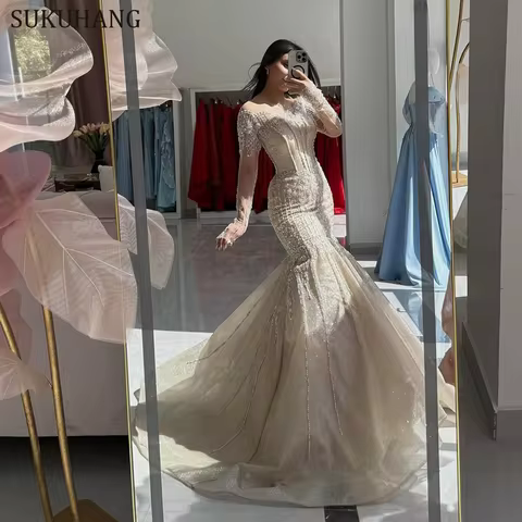 Customized Champagne Mermaid Prom Dress Sheer Long Sleeve Beaded Illusion Neckline Formal Evening Gown for Wedding Party