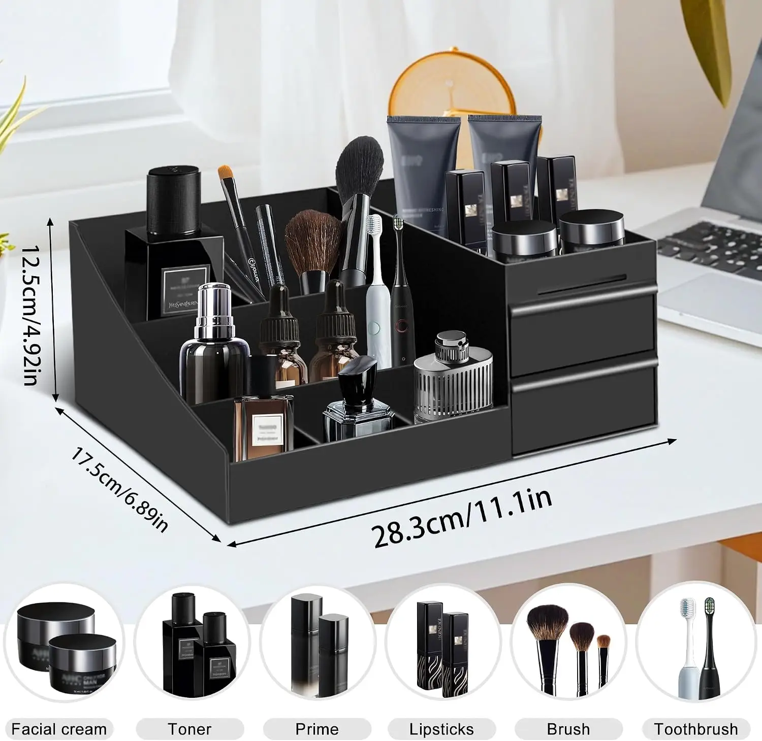 Premium Black Plastic Makeup Organizer with Drawers – Multi-Compartment Desktop Storage for Cosmetics, Skincare, Brushes & Toothbrushes – 11.1' X 6.9' X 4.9' Vanity Tray for Bathroom, Dorm & Office