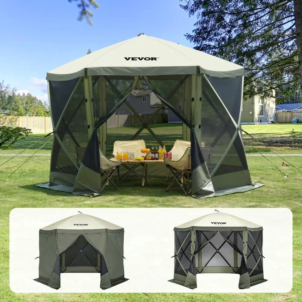 

Pop-Up Screen Tent 10x10FT 6 Sided Canopy Quick Setup with 6 Removable Privacy Cloths Mesh Windows Mosquito Netting Army Green