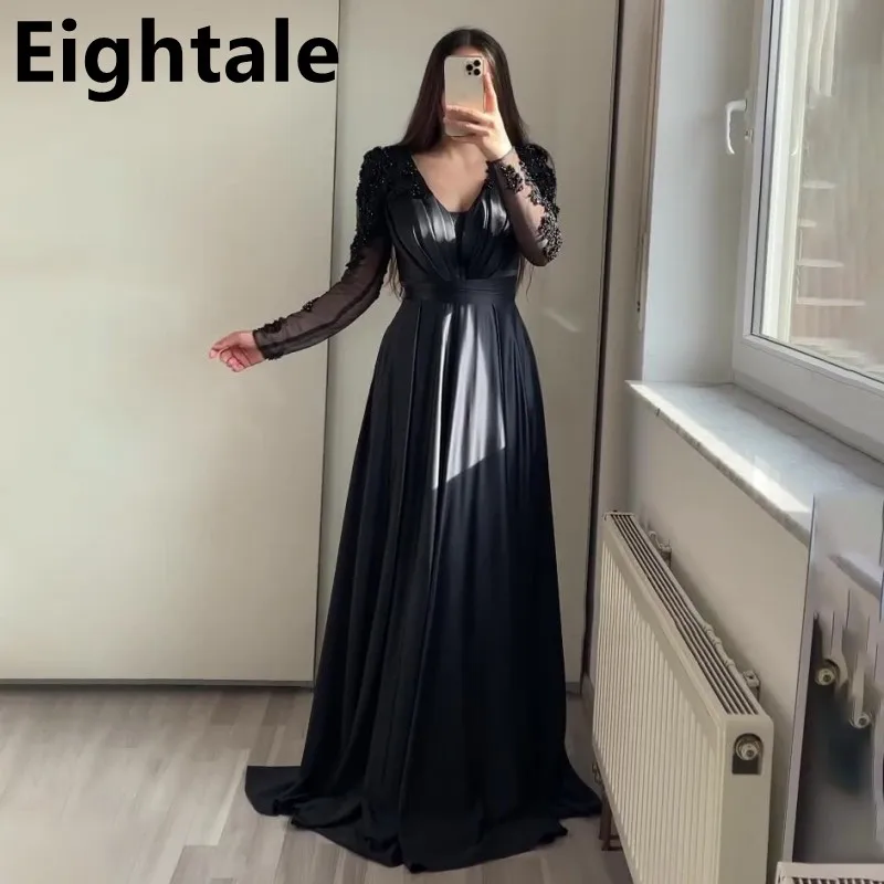 

Black A Line Evening Dress 2022 For Wedding Party Long Sleeve Applique Beads V Neck Satin Prom Dress Formal Party Gown