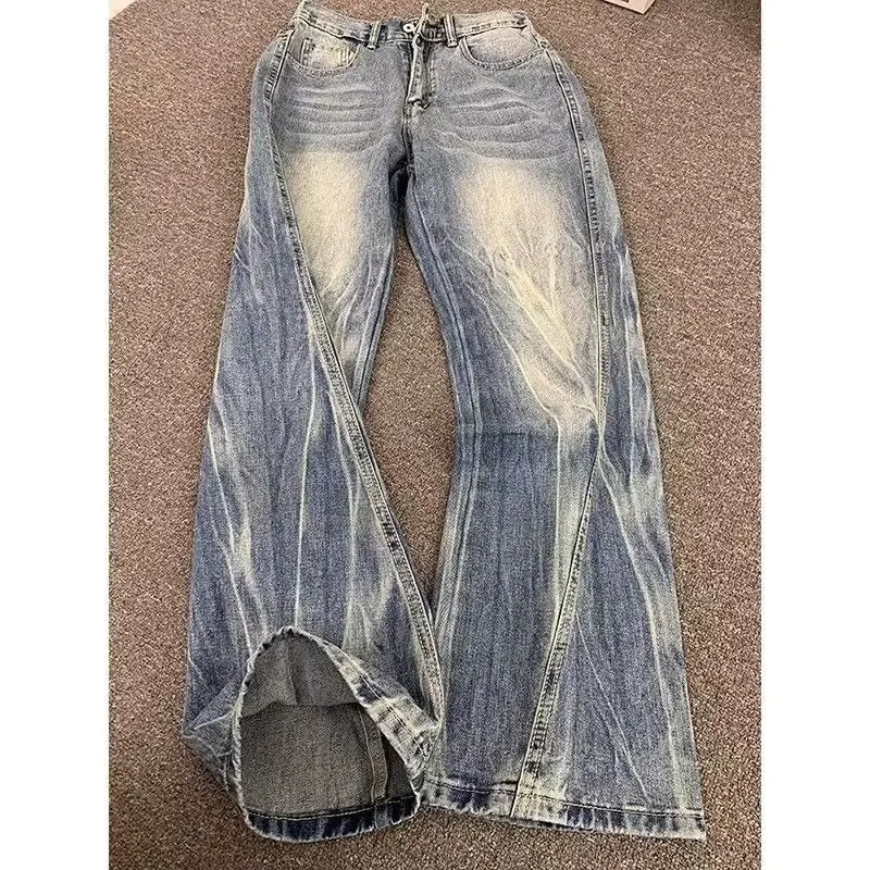 American Y2K Blue Lightning Pattern Men's Jeans Slimming Straight Leg Bell Bottoms Fashionable Retro Style