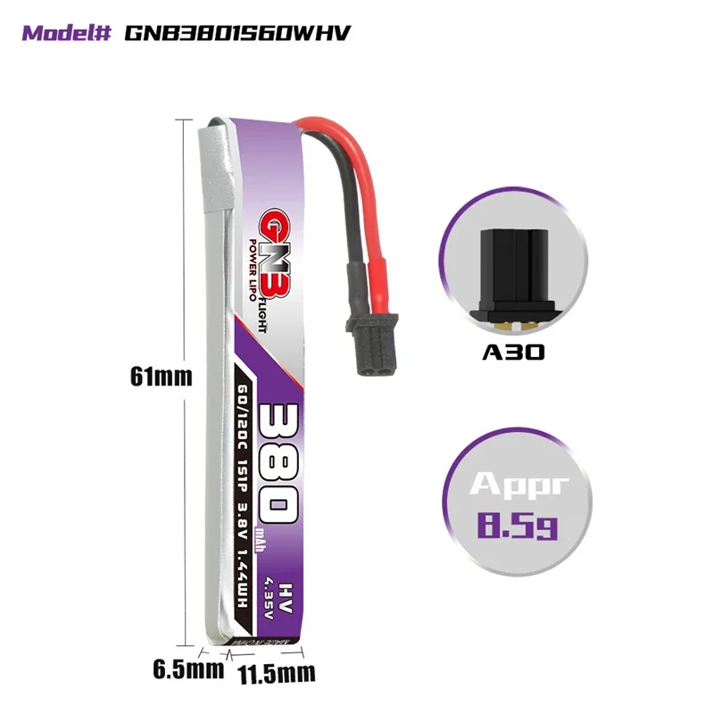 Gnb 1S 3.8V 380mAh 60C LiPo แบตเตอรี่แบบมีสาย BT2.0 A30มีกระแสไฟสูงขั้วต่อปล่อยสำหรับบังคับวิทยุ FPV โดรนขนาดเล็กแบตเตอรี่3.8V