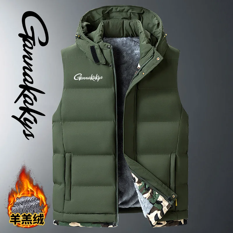 2024 Autumn and Winter Men's Sports Fishing Cotton Jacket Men's Zipper Hooded Warm Vest Men's Warm Windproof Sleeveless Jacket