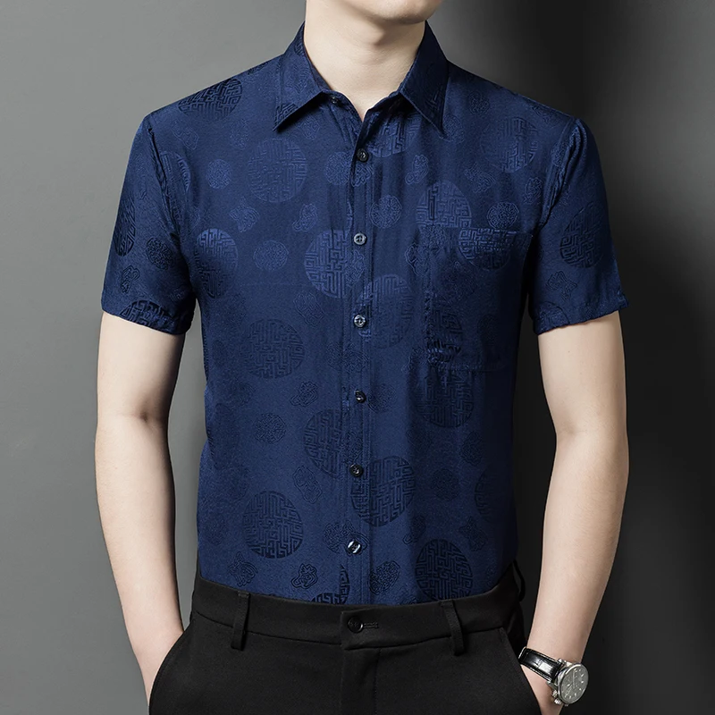 

Chinese Elements 100% Silk Shirts For Men Short Sleeve Easy Care Summer High Quality Soft Comfortable Jacquard Camisas De Hombre