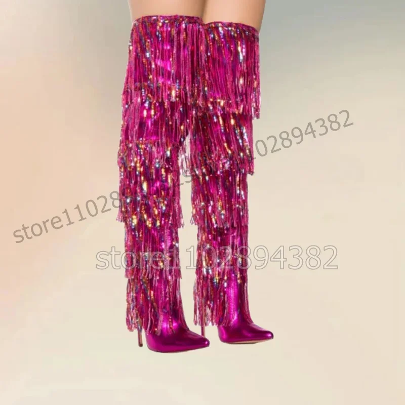 

Rose Red Sequins Tassels Decor Pointed Toe Boots Slip On Women Shoes Thin High Heels New Fashion Party 2026 Zapatos Para Mujere