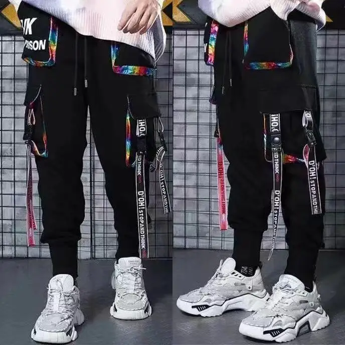 

Classic Streetwear Hip Hop Joggers Men Letter Ribbons Cargo Pants Pockets Track Tactical Casual Male Trousers Sweatpant KZ98