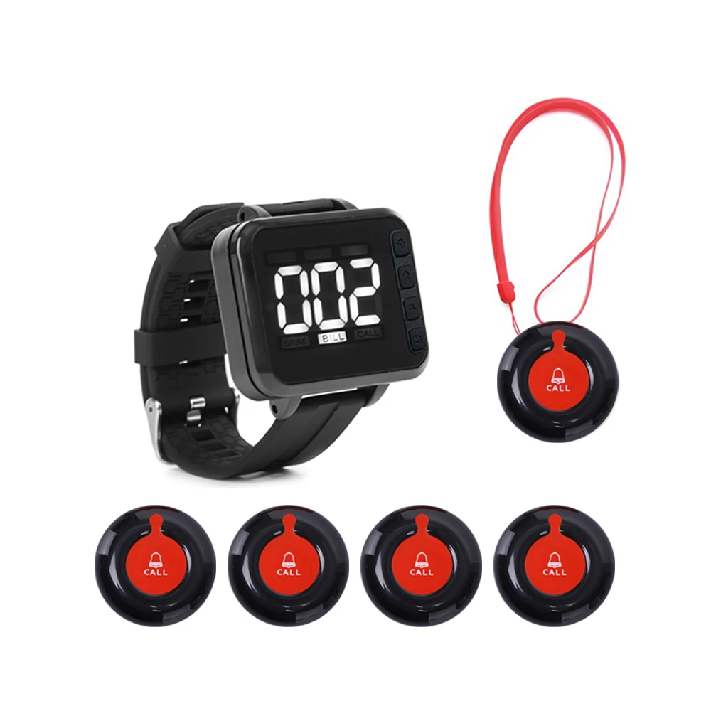 Caregiver Pager Wireless Calling System for Hospital Clinic Nursing Home 1 Wrist Watch Pager and 5 Call Button for Elderly