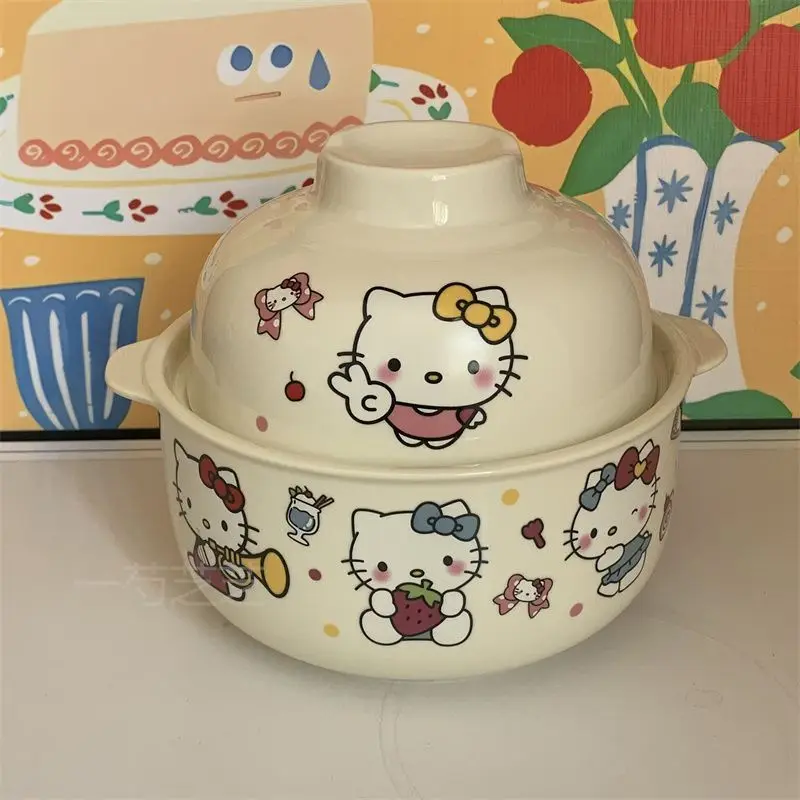 

Kawaii Hello Kitty Sanrio Students Cute Cartoon Ceramic Noodle Bowl Children Large Capacity Soup Bowl Christmas Gifts for Kids