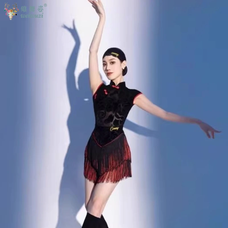 ملابس تدريب الرقص اللاتيني الراقية مثير شيونغسام عارية الذراعين هامش تنورة قصيرة أداء فستان الكبار المنافسة الملابس